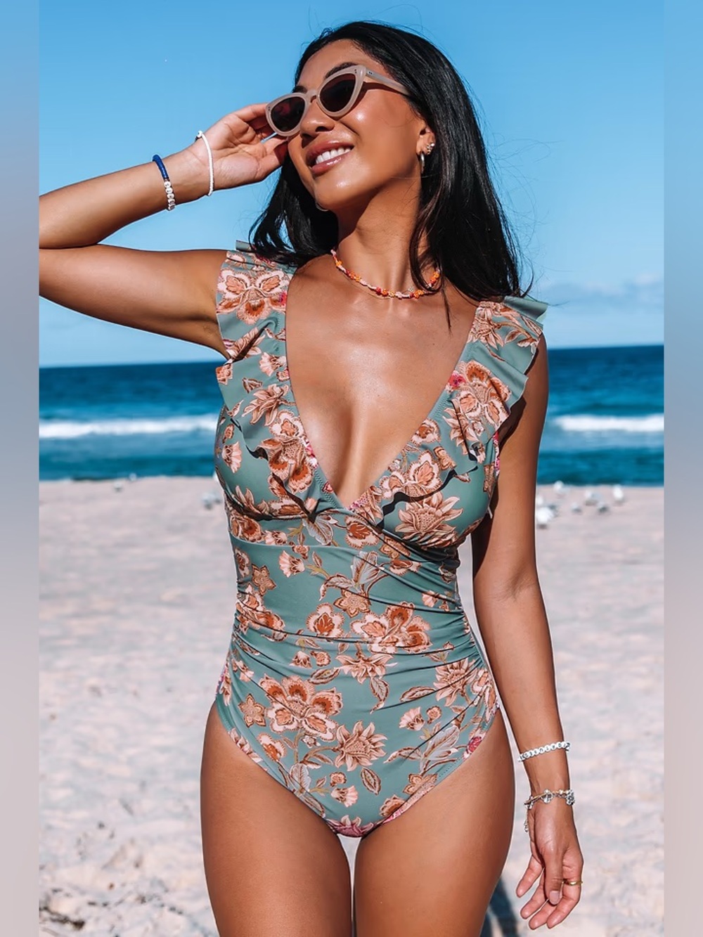 Cupshe:  Floral Ruffle V-Neck One-Piece Swimsuit in Sage Green